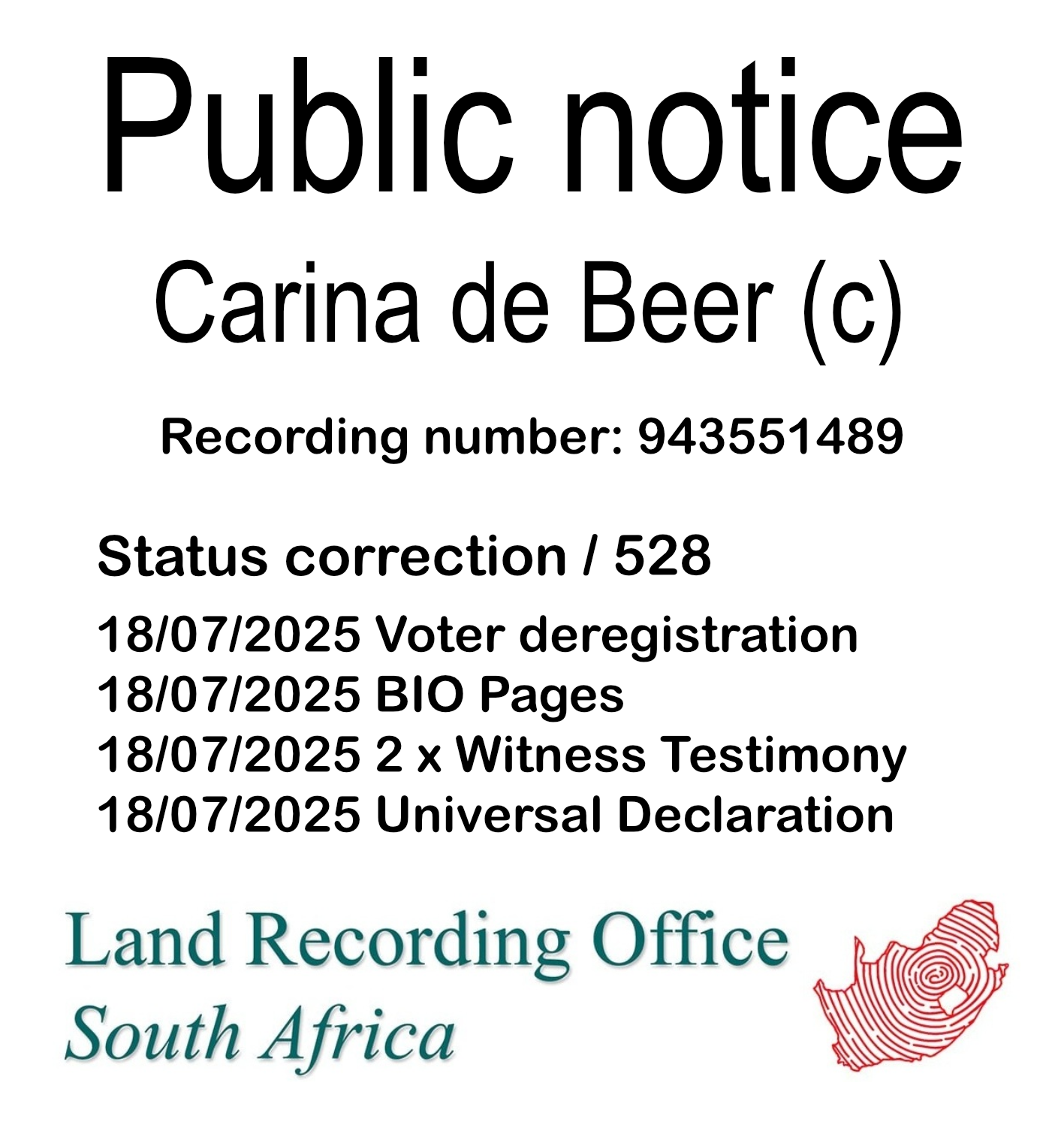 Public notice Carina de Beer (c) Recording number 943551489